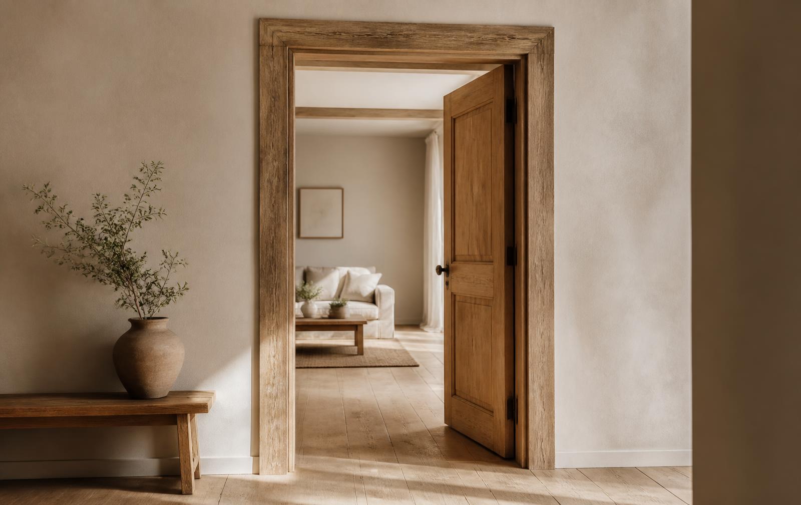 An open oak doorway leading into a quiet, sunlit room