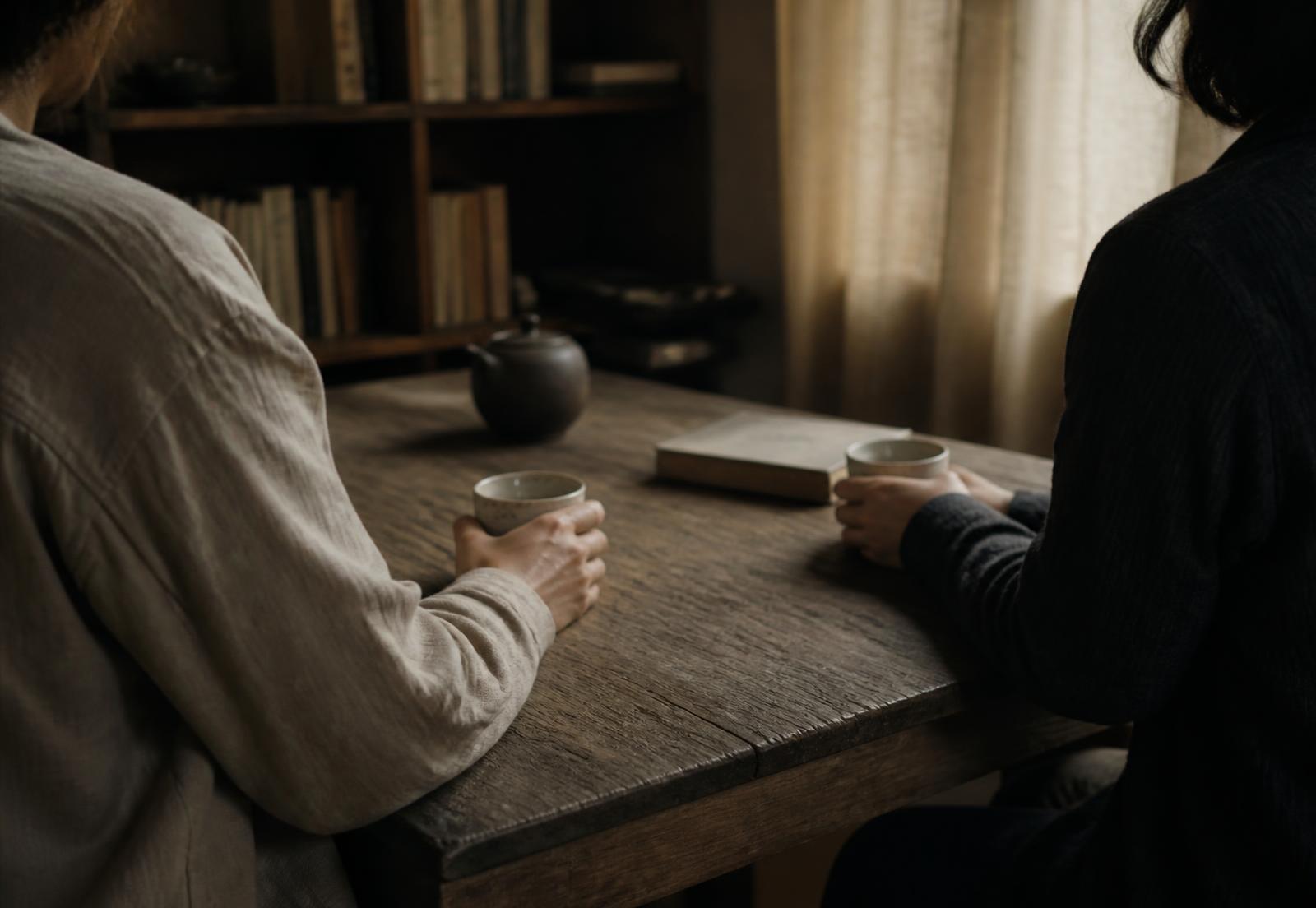 Two people in quiet conversation across a wooden table in a sunlit study