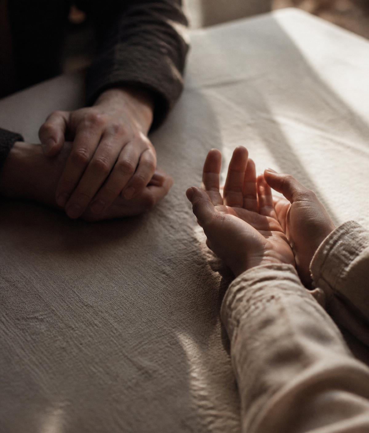Two pairs of hands resting on a linen table in warm window light