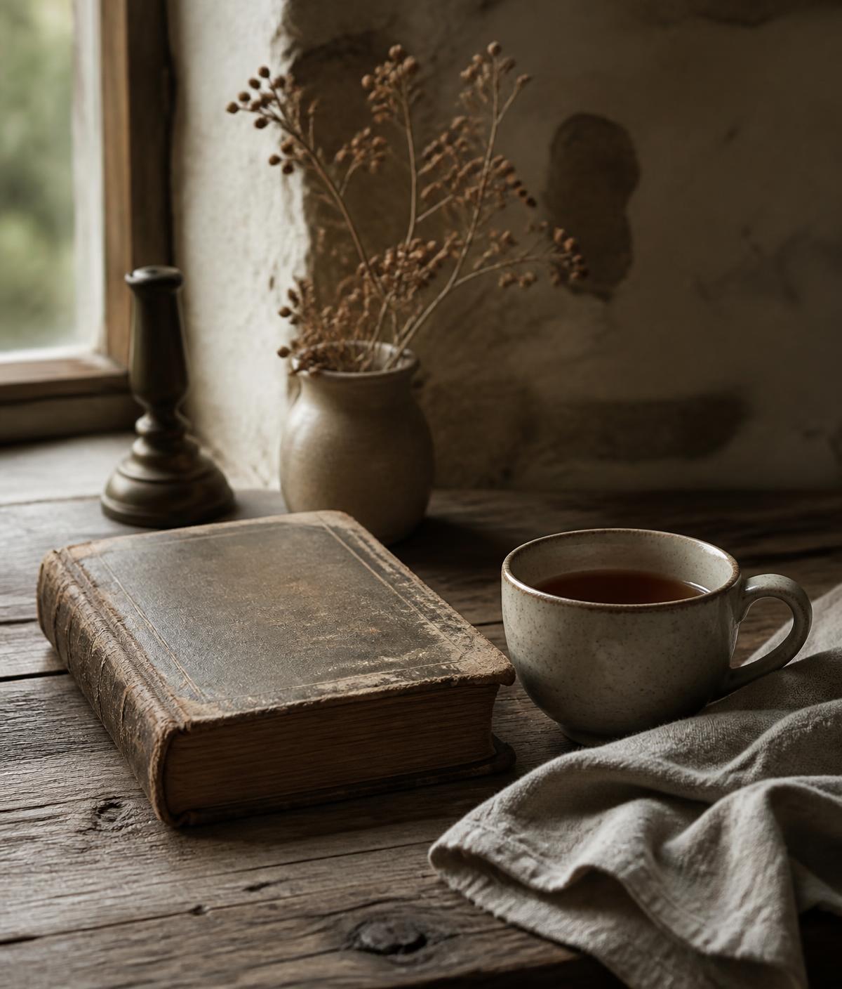A worn book, a cup of tea and folded linen on an oak table in window light